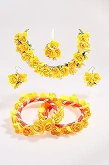 ZENEME Jewellery Flowers Jewellery Set For Haldi Gota Patti Necklace, Earrings, Bracelet & Maang Tika for Women & Girls (Mehandi/Haldi/Wedding/Bridal/Baby Shower)