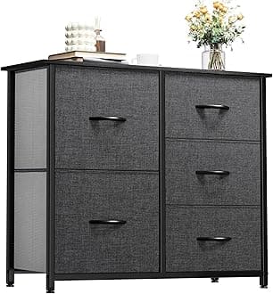 YITAHOME Storage Tower with 5 Drawers - Fabric Dresser, Organizer Unit for Bedroom, Living Room, Closets & Nursery - Sturdy Steel Frame, Easy Pull Fabric Bins & Wooden Top (Black/Grey)