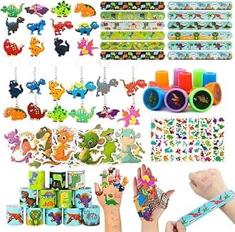 108Pcs Dinosaur Party Favors Dinosaur Stamps Slap Bracelets Keychains Rings Stickers Temporary Tattoos for Kids Birthday Party Supplies, Carnival Prizes, Prize Box Gift, Pinata Goodie Bag Fillers