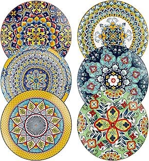 - HENXFEN LEAD Ceramic Dessert, Salad Plates 8.5 Inch, Small Dinner Plate Set of 6- Serving Dishes for Thanksgiving & Christmas, Dishwasher & Microwave Safe - Bohemian Style