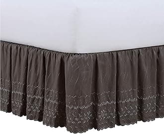 FRESH IDEAS Ruffled Eyelet Bed Skirt Dust Ruffle with Gathered Styling and Embroidered Details, 14" Drop Length, Queen, Grey