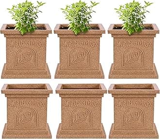 Heart Home Pack of 6 Plastic Tulsi Mancha For Home | 12 Inch Modern Tulsi Gamla/Planter Pot for Home Decor, Balcony & Garden | Marble Design-Beige