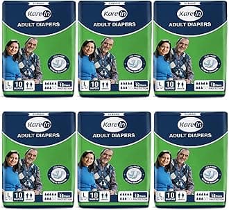 KareIn Classic Adult Diapers, Large, Waist Size 101-139 Cm (40"-55"), 60 Count, Tape Style, Unisex, High Absorbency, Leak Proof, Wetness Indicator, Pack of 6