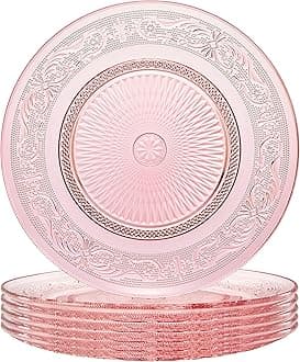 Art Deco Vintage Crystal Pink Plates | Set of 6 | Unique 10.5" Dinner or Charger Plates - Dinner, Charger, Dessert Server, Appetizer Plate, Snack, Fruit, Hand Wash, Housewarming Gift