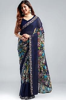 Women's Floral Printed Georgette Saree with Unstitched Blouse Piece