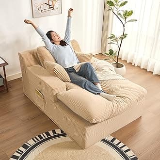 Afuson 63" Chaise Lounge Chair Indoor, Set of Convertible Sleeper Sofa Couch with Throw Pillows & Side Pockets, Corduroy Upholstered Oversized Sofa Bed with Armrests for Living Room Bedroom, Camel