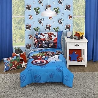 Disney Marvel Avengers Fight The Foes Blue, Red, Green Hulk, Iron Man, Thor, Captain America 4 Piece Toddler Bed Set - Comforter, Fitted Bottom Sheet, Flat Top Sheet, and Reversible Pillowcase