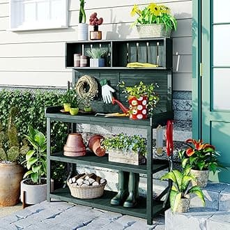 Polibi Potting Bench Table with Storage Shelves and Side Hook, Large Wooden Farmhouse Rustic Outdoor Patio Workstation, Garden Potting Bench with Splash Plate (Forest Green)
