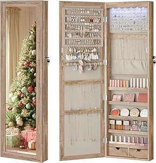 SONGMICS 6 LEDs Mirror Jewelry Cabinet, 47.2-Inch Tall Lockable Wall or Door Mounted Jewelry Armoire Organizer with Mirror, 2 Drawers, 3.9 x 14.6 x 47.2 Inches, Toasted Oak Color UJJC093N01