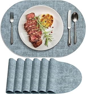 Placemats for Dining Table Set of 6 Non-Slip, Heat Resistant Oval Leather Placemat Double Layer, Waterproof Table Mats Easy to Clean for Kitchen Dining Room, Light Blue
