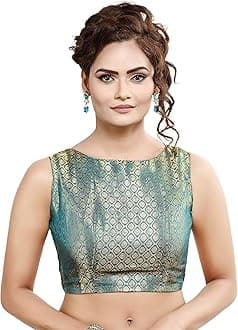 Madhu Fashion Womens Traditional Rich Banaras Brocade Sleeveless Readymade Saree Blouse