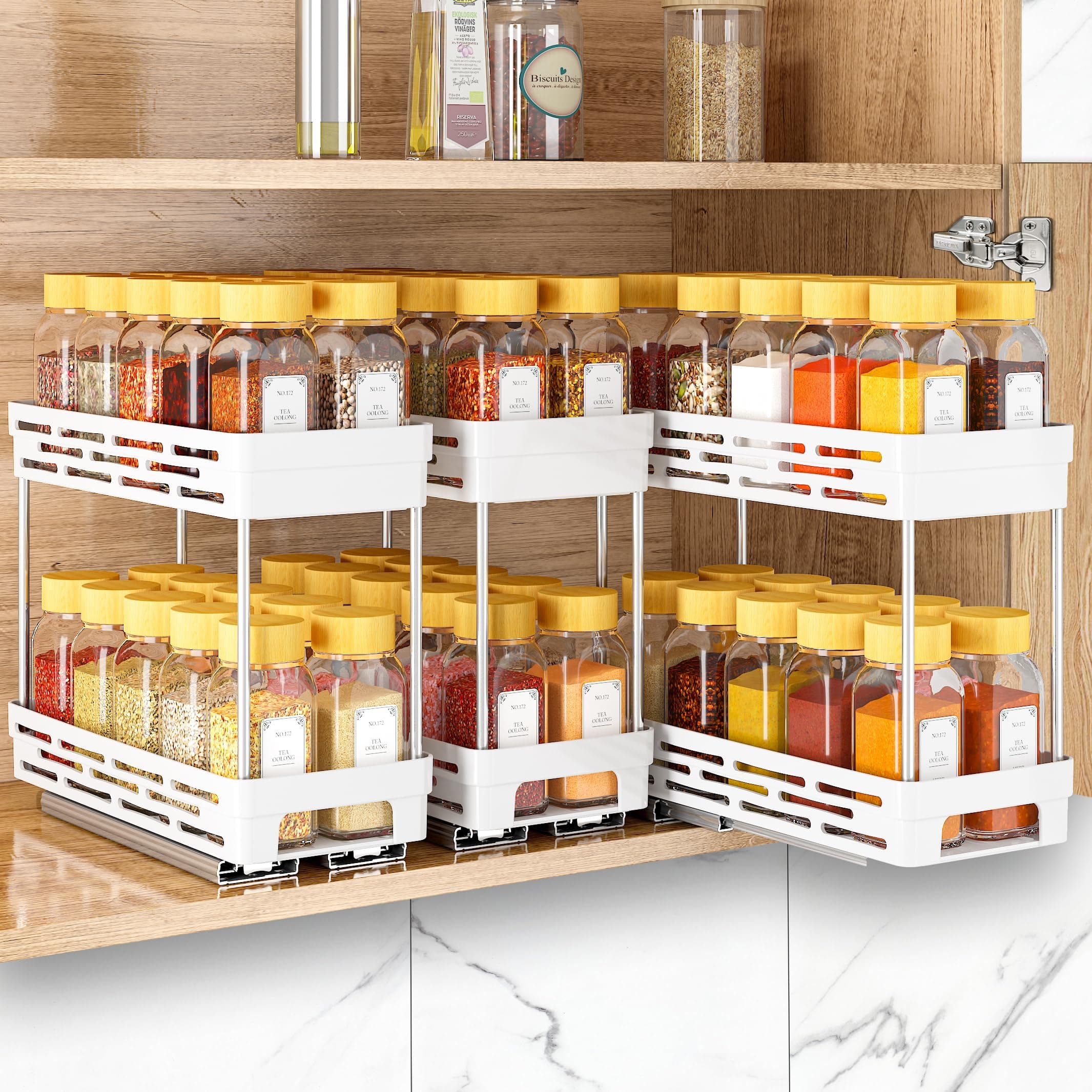 3 Packs Pull Out Spice Rack Organizer for Cabinet, Slide Out Spice Racks Organizer, Easy to Install Spice Cabinet Organizers, 4.33''Wx10.4''Dx8.5''H, Hold 15 Spice Jars - 2 Tier, White