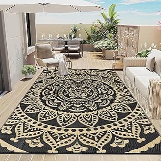 Bsmathom Waterproof Outdoor Rug 8'x10' Reversible Boho Plastic Straw Patio Deck Camping Rugs, Indoor Outdoor Portable RV Mat Clearance Carpet for Outside, Porch, Balcony, Backyard, Beach, Pool,Black