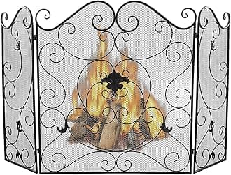 WICHEMI Fireplace Screen 3 Panel Fireplace Screens for Fireplace 50 x 31 Inch Wrought Iron Black Metal Spark Guard Cover Fireguards Mesh Cover Baby Safe Proof Fence Fire Place Standing Gate (Style 1)