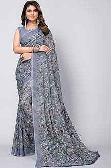 Yashika Women's Trendy Printed Georgette Purple Color Saree with Blouse Material