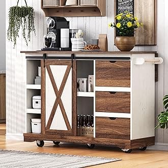 Ball & Cast Farmhouse Kitchen Island with Drop Leaf & Barn Door,Rolling Kitchen Cart on Wheels with Power Outlet,3 Large Drawers,Adjustable Shelf & Spice Rack,for Home,Kitchen,Dining Room,White,56"
