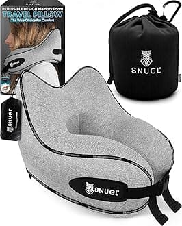 SNUGL Travel Pillow – Memory Foam Neck Pillow for Travel – Support Cushion for Airplane with Carry Bag & Clip - Holiday Essentials (Grey - Adult Small)