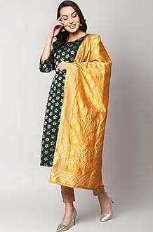 VredeVogel Women's Cotton Silk Blend Straight Kurta With Dupatta with Banarasi Silk Dupatta