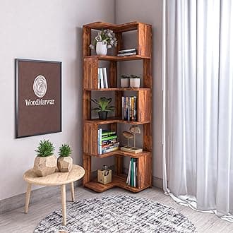 Sheesham Wood Corner Bookshelf | Multipurpose Corner Book Shelf | Decorative Display Rack | 10 Open Shelves for Office | Corner Bookcase for Home Decor | Honey Finish