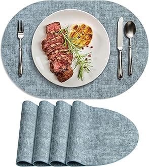 Placemats for Dining Table Set of 4 Non-Slip, Heat Resistant Oval Leather Placemat Double Layer, Waterproof Table Mats Easy to Clean for Kitchen Dining Room Coffee Office Table, Light Blue