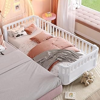 Bellemave Twin XL Montessori Bed with Fence and Slats, Twin XL Low Platform Bed Frame with Detachable Side Bed Rails and Rounded Corner Design, Easy Assemble Montessori Bed White