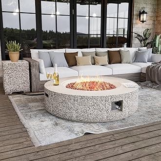UPHA 42-inch Outdoor Propane Gas Fire Pit Table 50000 BTU Concrete Round FirePit for Outside Patio with Propane Tank Cover, Lava Rocks, Rain Cover, Beige Texture