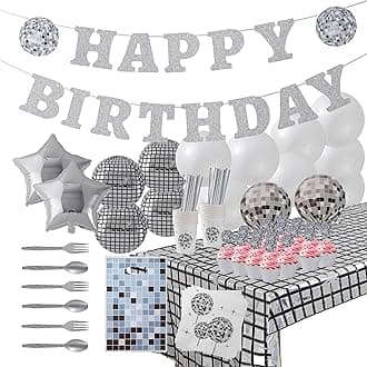 ecoZen Disco Birthday Decorations Set - Sparkly Themed Supplies with Disco Ball Decor, Iridescent Balloons, Tableware, Flatware, Cupcake Liners, Table Cover, Happy Birthday Banner, Party Favor Bags