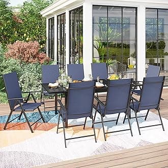 PHI VILLA 9 Piece Outdoor Patio Dining Set, Adjustable Folding Patio Sling Chairs (Blue) with Extendable Metal Steel Dining Table for Outdoor, Garden, Lawn