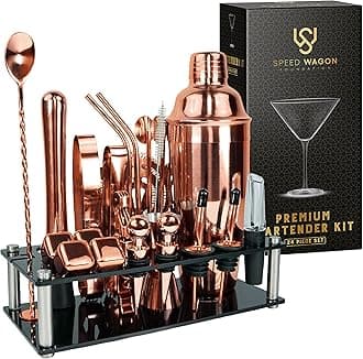 Mixology Bartender Kit – 24 Piece Rose Gold Cocktail Shaker Set w/Stand – Essential Home Bar Accessories Martini Shaker, Jigger, Muddler, Chilling Cubes & More