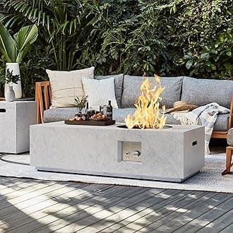 SUNPEAK 48" Stone-Look Propane Fire Pit with Round Burner – 50,000 BTU Fire Pit Table with Lid, Rocks, Cover and Tank Storage – Outdoor Fire Pit Propane (Stone-Look Marble, 48" Standard)