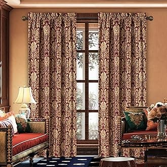 Loom and MillLuxury Jacquard Curtains for Bedroom, Burgundy Red Lined Damask Curtains 2 Panels with Tiebacks, Floral Window Curtain for Living Room Banquet Christmas Decor(52”Wx 96”L, 2 Panels)