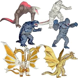 Exclusive Set of 6 Godzilla vs Kong Toys Movable Joint Action Figures, King of The Monster Dinosaur Ghidorah Skull Crawler Mecha Mechagodzilla Cake Toppers Pack