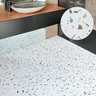 Vinyl Floor Tiles Self Adhesive 10-Pack - Covers 19.91 sqft (1.85 sqm) - Large Rectangular Stick On Flooring Tile 12x24 in (30.4 x 60.9cm) - White Terrazzo Look with Flecks Peel and Stick Floor Tiles