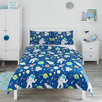 Bloomsbury Mill - Kids Double Duvet Set - Kids Double Bedding for Boys and Girls - Outer Space, Rockets and Planets - Blue Childrens Double Bed Duvet Cover Set with 2 x Pillow Cases - 200x200cm