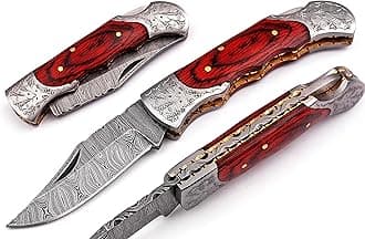 Hand made Damascus steel blade Pocket knife with leather sheath 5170 (Red) knives for men best gift