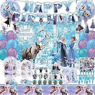 Frozen Birthday Party Supplies, Frozen Party Favor Decorations Include Banner, Foil Balloons, Tablecloth, Plates, Napkins, Stickers, Backdrop for Girls, Sever 10