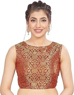 Madhu Fashion Womens Traditional Rich Banaras Brocade Sleeveless Readymade Saree Blouse