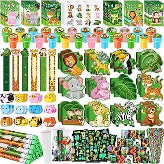 BenLouis 120Pcs Jungle Safari Party Favors Zoo Animals Sticker Stampers Slap Bracelets School Stationery Set Bulk Classroom Prizes for Kids Wild One Party Baby Shower Goodie Bags Fillers