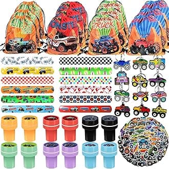 Monster Truck Party Favors Birthday Supplies, Drawstring Bag Slap Bracelet Sticker Keychain Monster Truck Stamps Truck Car Party Favors Set Monster Truck Party Supplies Classroom Rewards