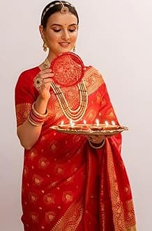 EthnicJunction Women's Paithani Silk Blend Woven Saree With Blouse Piece |Wedding Saree | Red Saree