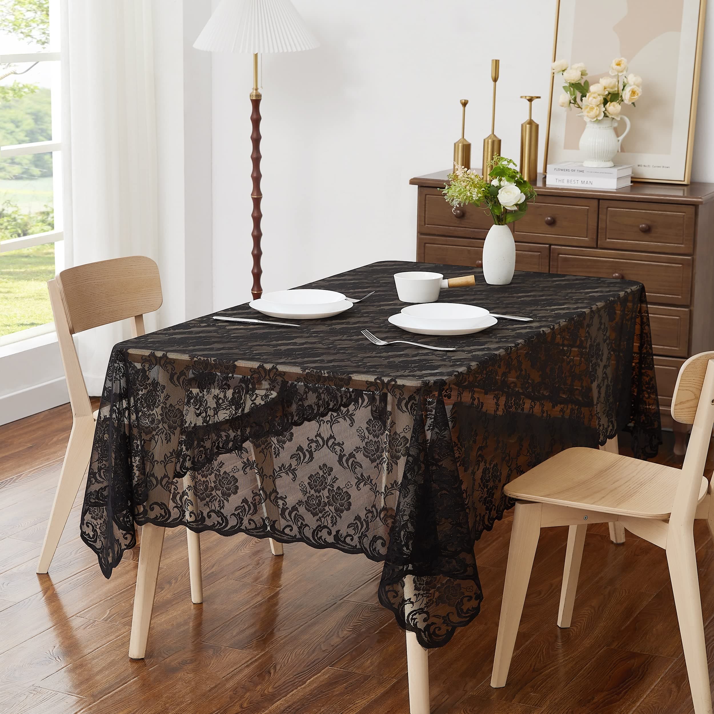LinenZone Small Black Square Tablecloth for Rustic Vintage Decor. Sheer Lace Table Cloth Works Great As Wedding Tablecloth or Thanksgiving Table Cover. (Mia TC 36 x 36, Black)