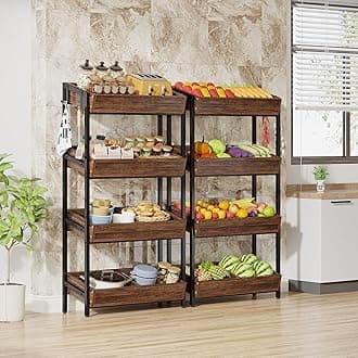 - Tribesigns Wood Fruit and Vegetable Basket Stand Rack for Kitchen, Office, Store, Supremarket, Pantry Shelf Unit for Snacks, 4-Tier Wooden Utility Storage Shelves Set of 2 (Brown+Black)
