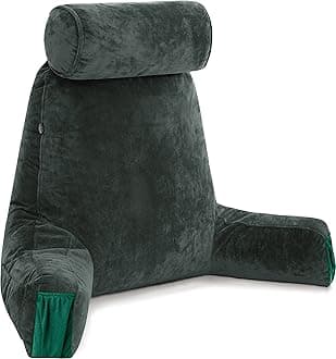 Husband Pillow Medium Dark Green, Backrest Kids, Teens, Petite Adults - Reading Pillows with Arms, Adjustable Loft, Plush Memory Foam, Bed Rest Chair Sitting Up, Detach Neck Roll, Removable Cover