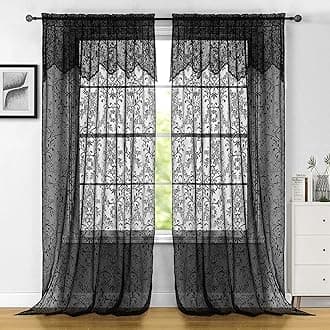 WUBODTI Gothic Black Lace Curtains with Attached Valance for Living Room Bedroom, Victorian Vintage Black Sheer Curtain Witchy Room Decor Goth Floral Embroidered Curtains, 60" W x 84" L