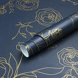 TimeetSelf Adhesive Wallpaper Gold Rose Pattern Dark Blue Peel and Stick Wallpaper Vintage Floral 44cm X 10m Sticky Back Plastic Roll Removable Waterproof Vinyl Film for Bedroom Wall Furniture