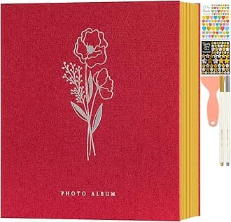 Lanpn Self Adhesive Photo Album Scrapbook 80 Pages, Linen Photos Albums DIY Sticky Magnetic Pages holds 4x6 5x7 A4 A5 Picture for Family Wedding Birthday (Large-40 Sheets/80 Pages, Red)