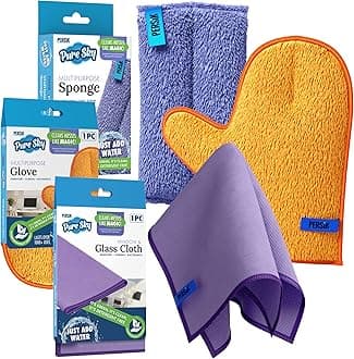 Pure-Sky Ultra-Microfiber Cleaning Cloth - JUST ADD Water No Detergents Needed - Includes Window and Glass Cleaning Towel Streak Free + Dusting and Cleaning Glove / MITT + Kitchen Cleaning Sponge