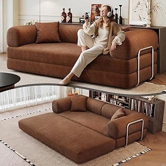 79" Convertible Sleeper Sofa Bed, Modern Corduroy Floor Couch Bed with Silver Fixed-Shape Frame, Modular Sofa Couch with Pull Out Bed, Loveseat Sleeper Boneless Couches for Living Room, Brown