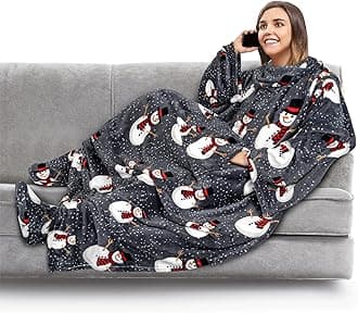 PAVILIA Fleece Blanket with Sleeves, Foot Pockets for Women Men Adults, Plush Wearable Blanket Throw Wrap, Warm Snuggle Blanket Robe, Cozy Gift Ideas Wife Mom, Snowman Gray