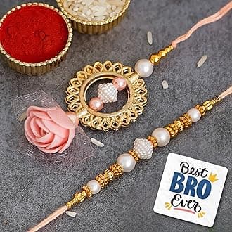 eCraftIndia Golden, Peach & White Designer Bhaiya Bhabhi Rakhi Set | Best Bro Ever Fridge Magnet | Roli Chawal Pack | Raksha Bandhan Rakhi for Brother and Bhabhi